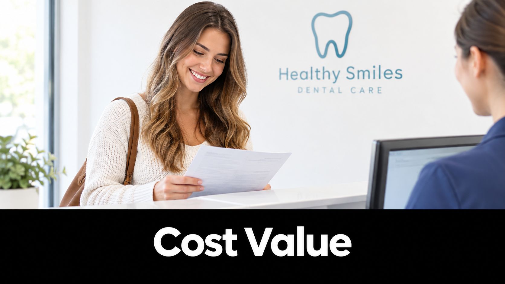 A smiling patient at a dental clinic reception desk reviewing paperwork for a procedure.