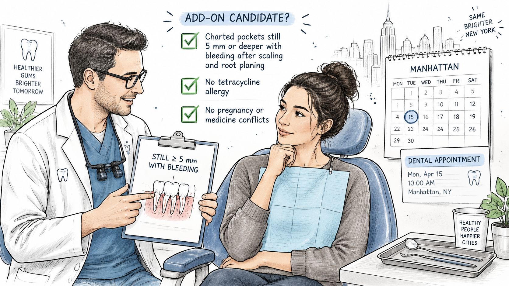 A dentist shows a patient an educational chart about periodontal pockets and the Arestin therapy candidate criteria.