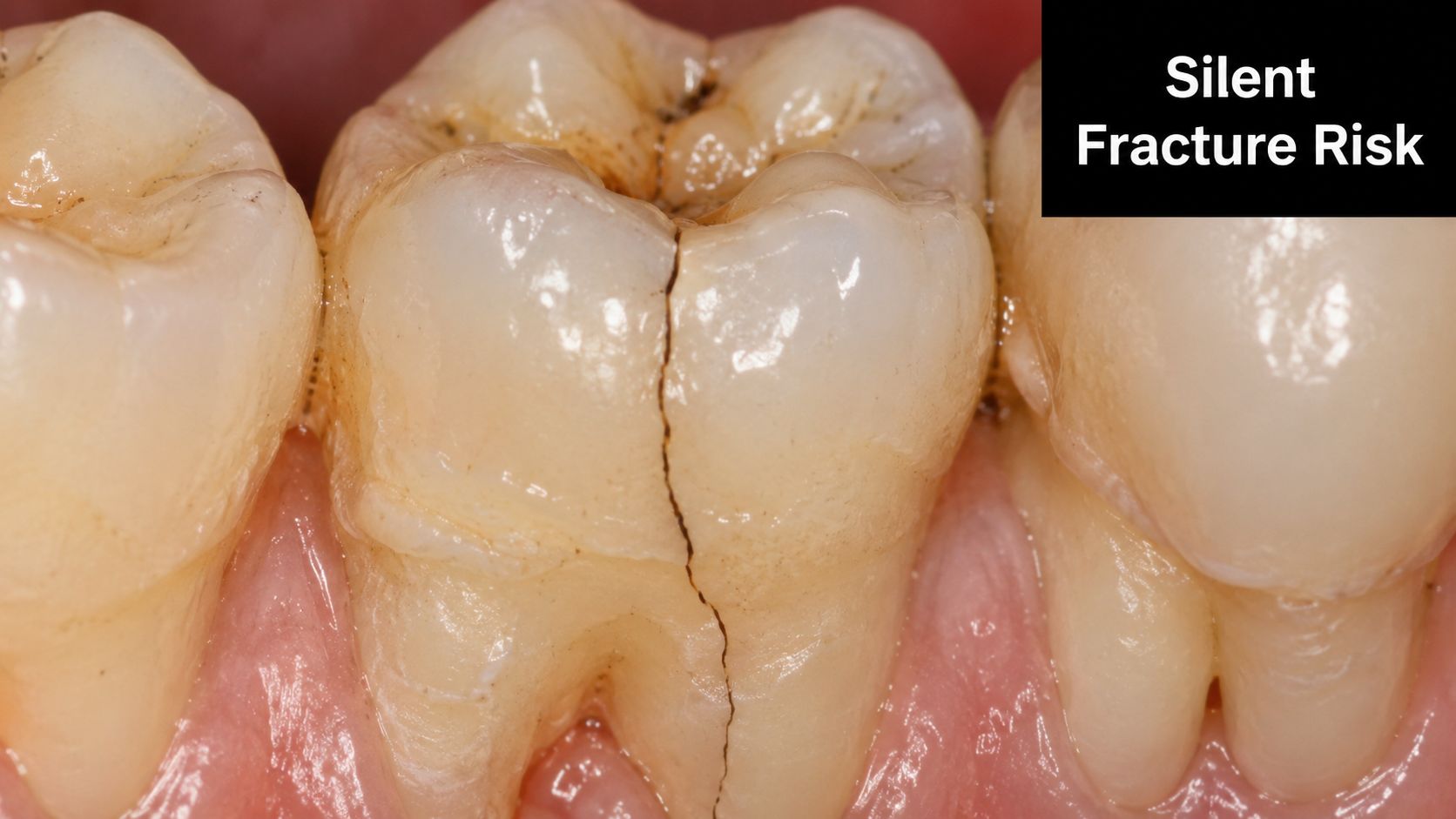 A close-up view of a human molar showing a visible vertical crack and silent fracture risk.