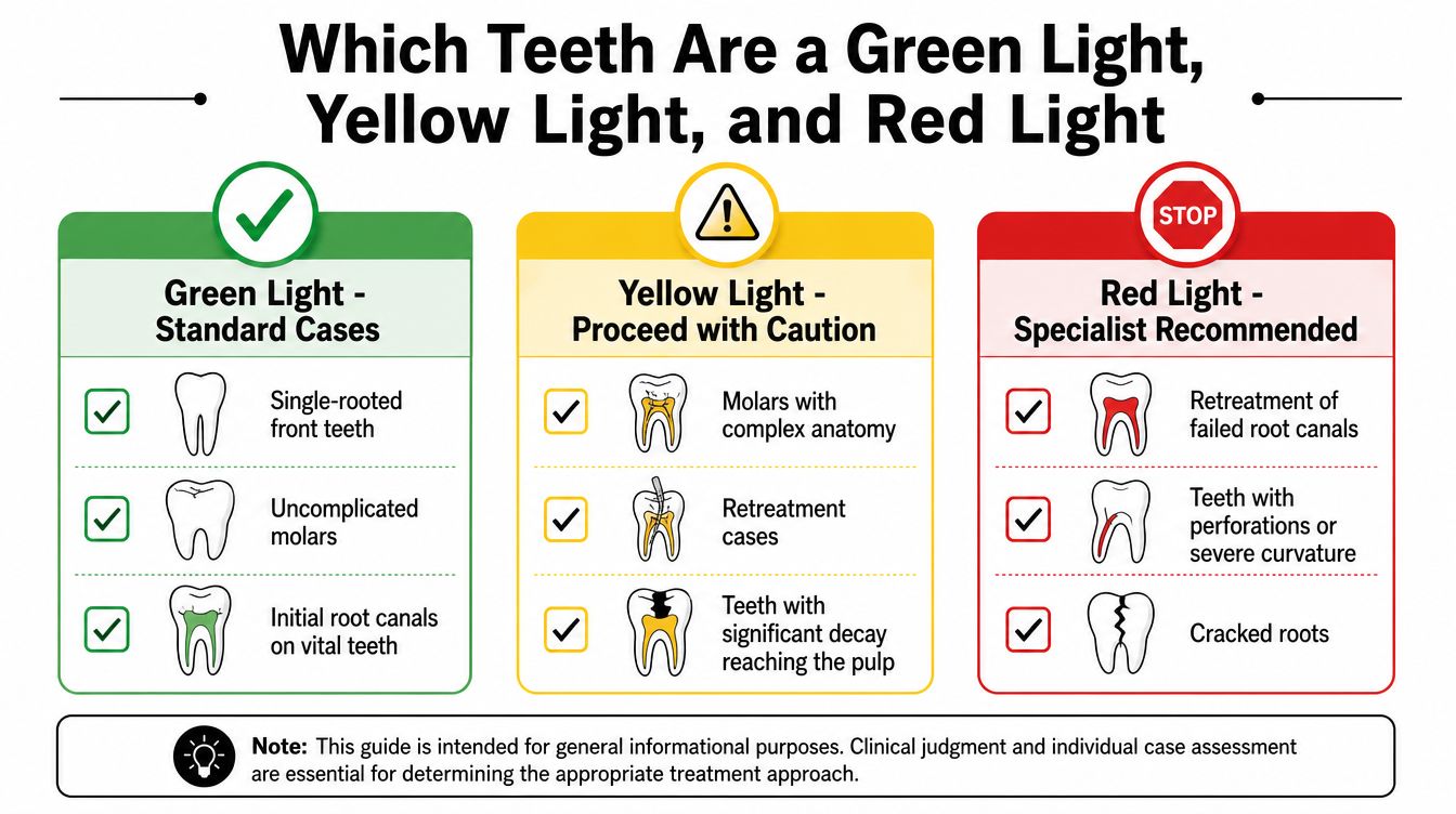 An infographic categorizing dental root canal cases into green, yellow, and red light tiers by complexity.