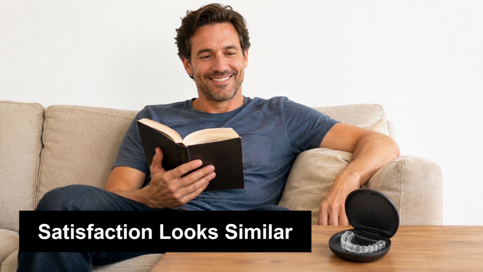 A man smiling while reading a book on a sofa next to clear aligners in a case.