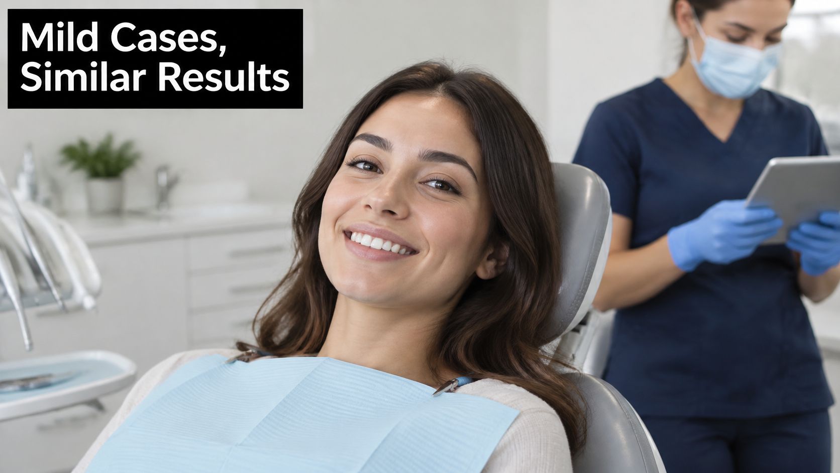 A happy patient in a dental chair smiling while a dentist wearing a mask checks a tablet.