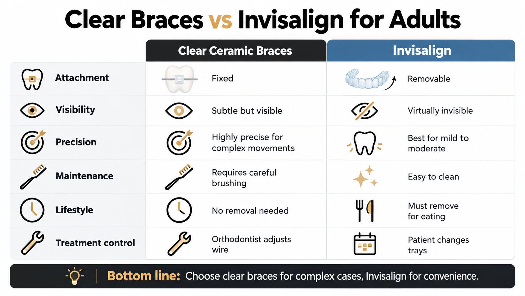 A comparison chart showing the differences between clear ceramic braces and Invisalign for adult orthodontic treatment options.