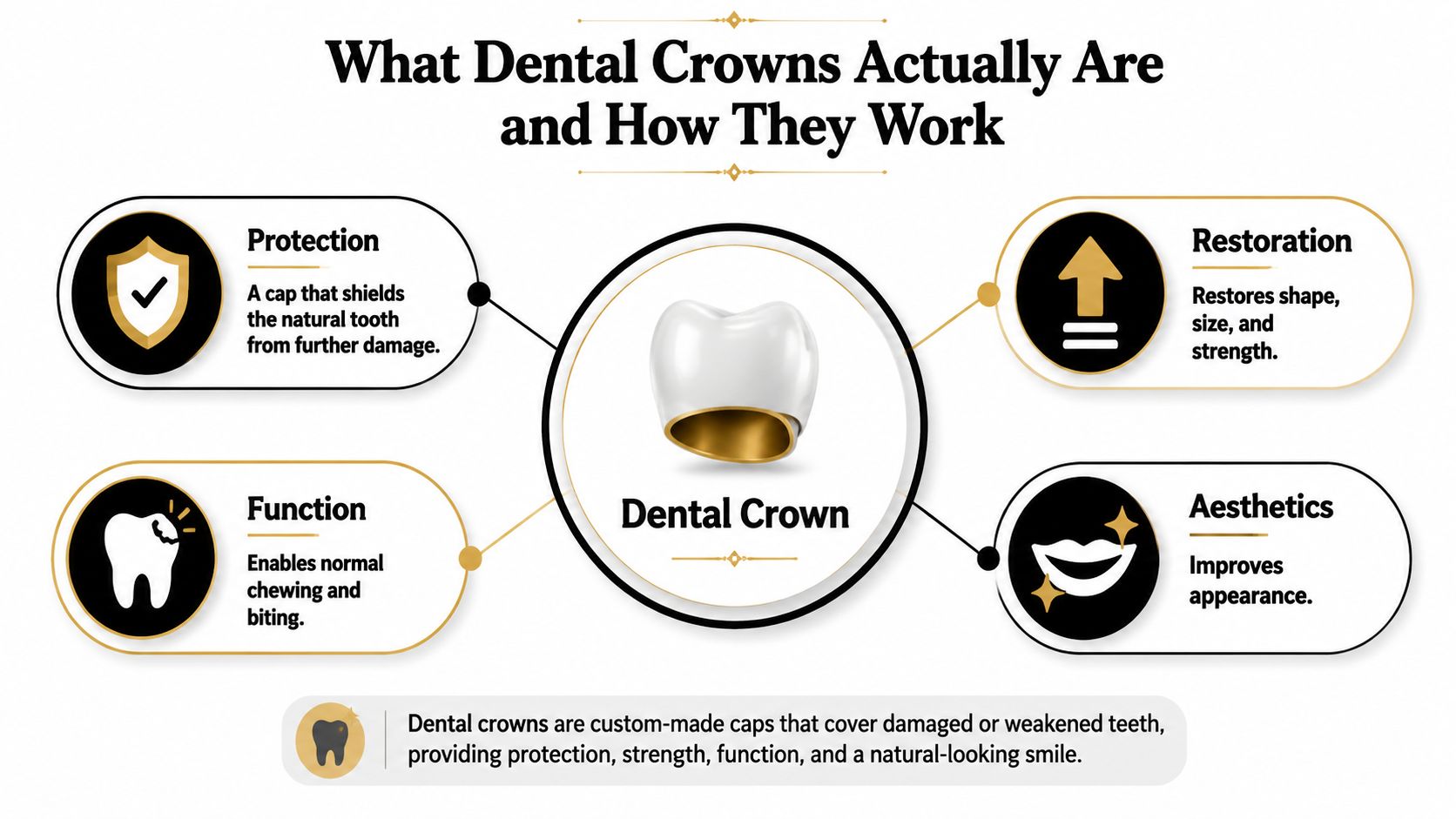 An infographic explaining the benefits and functions of dental crowns, including protection, restoration, improved function, and aesthetics.