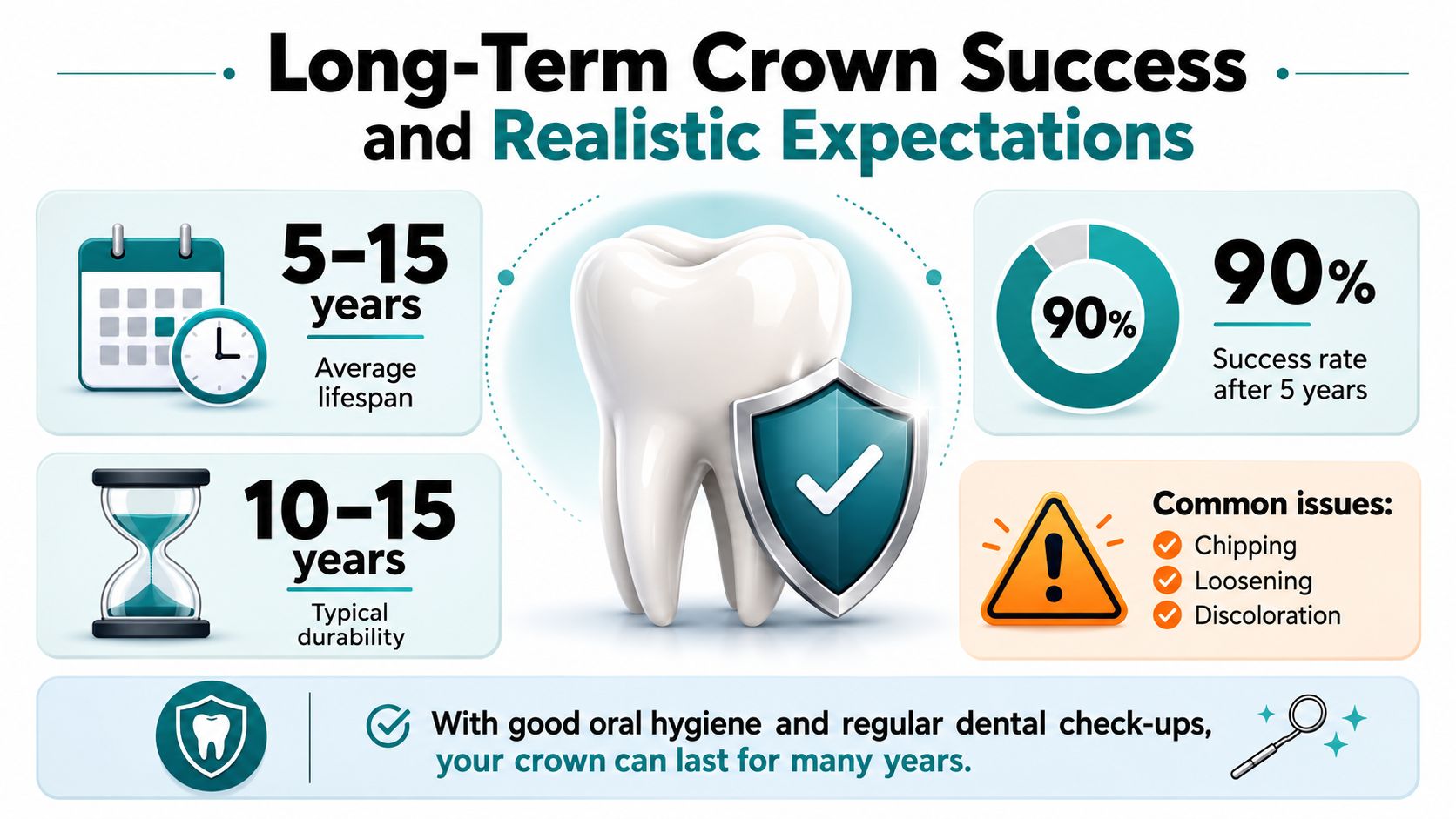 An infographic detailing the average lifespan, success rates, and common issues associated with dental crowns.