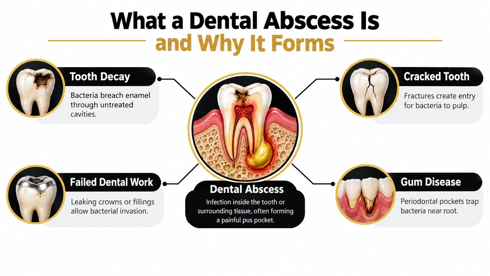 A diagram illustrating the causes of a dental abscess including tooth decay, cracked teeth, and gum disease.