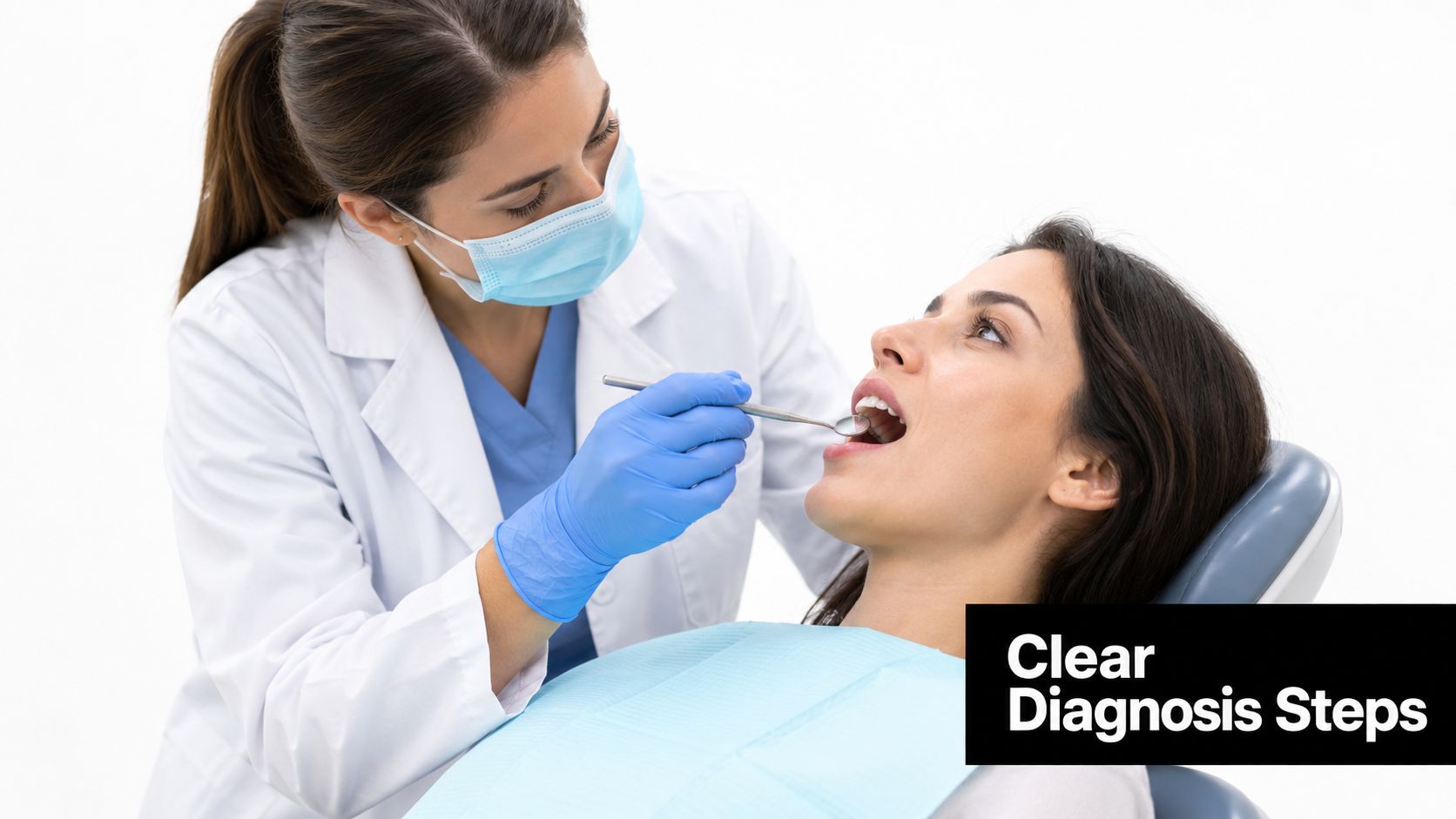 A female dentist in a mask and blue gloves examines a patient sitting in a dental chair.