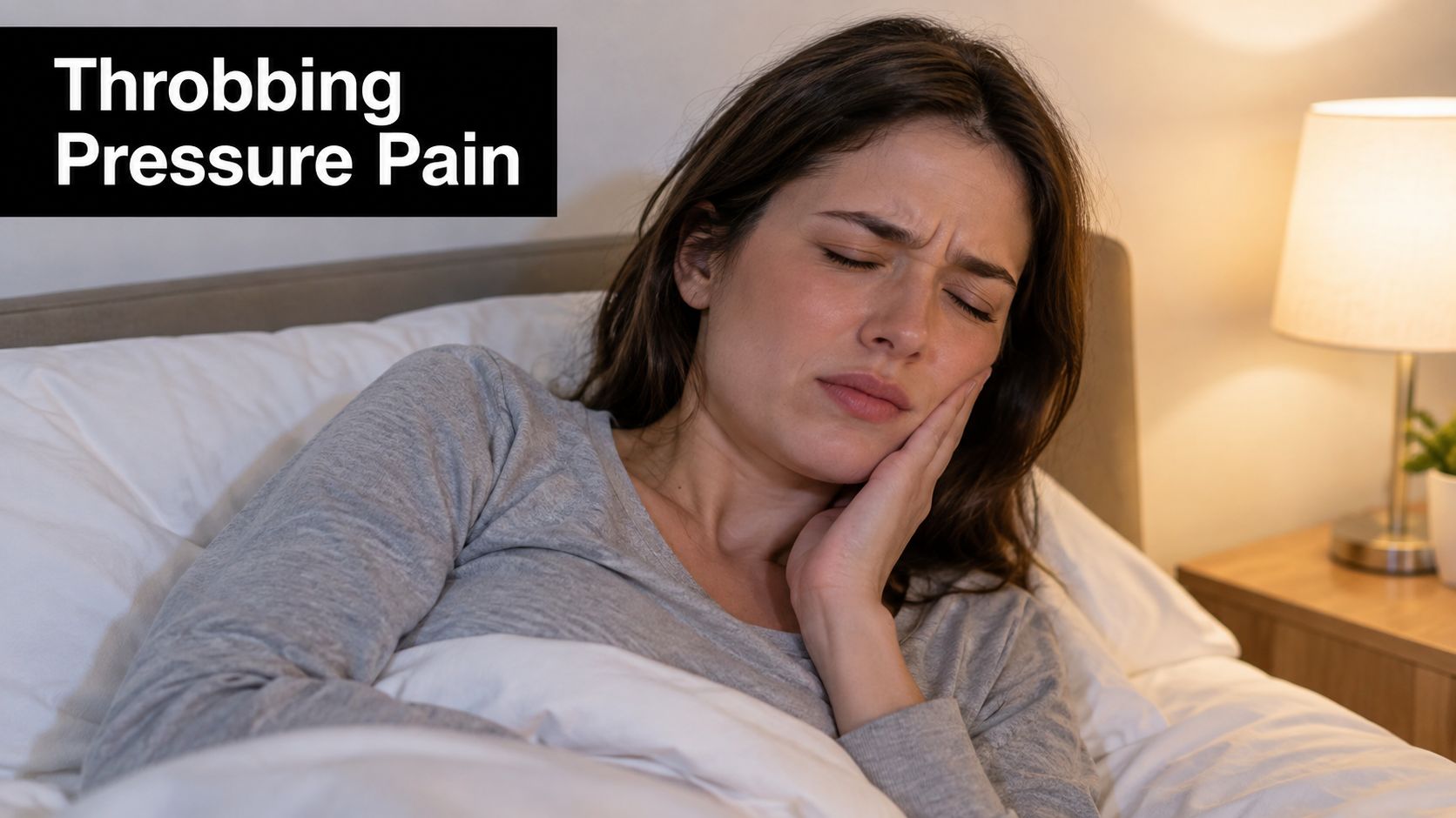 A woman lying in bed at night, holding her jaw in pain due to dental distress.