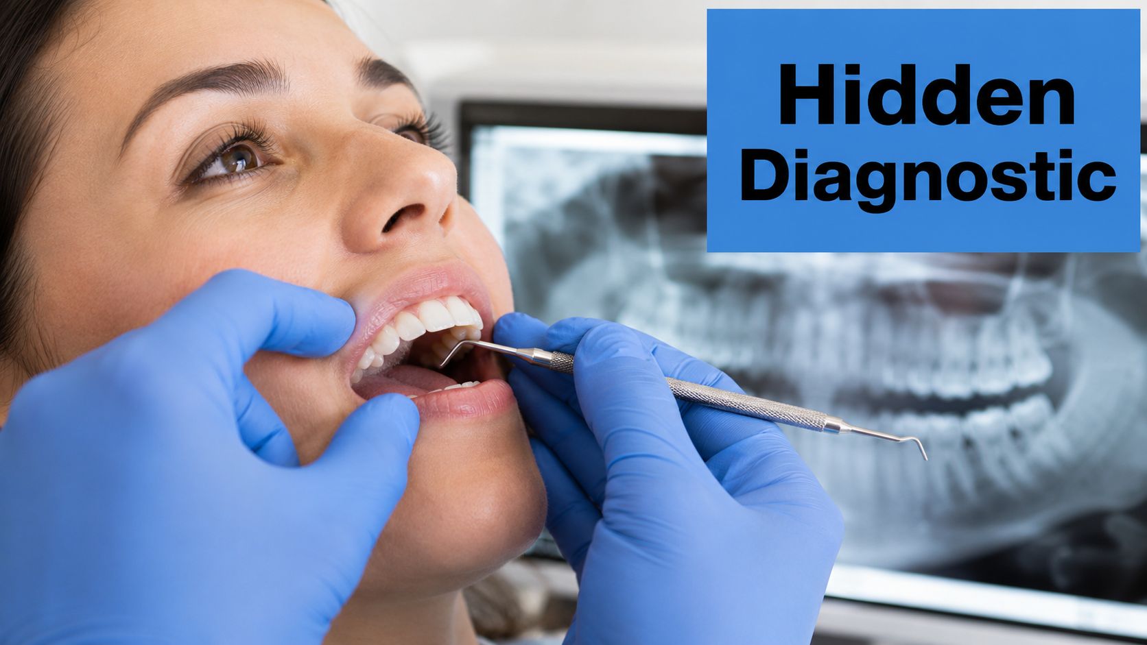 A dentist performing a dental cleaning process on a patient while looking at an X-ray on screen.
