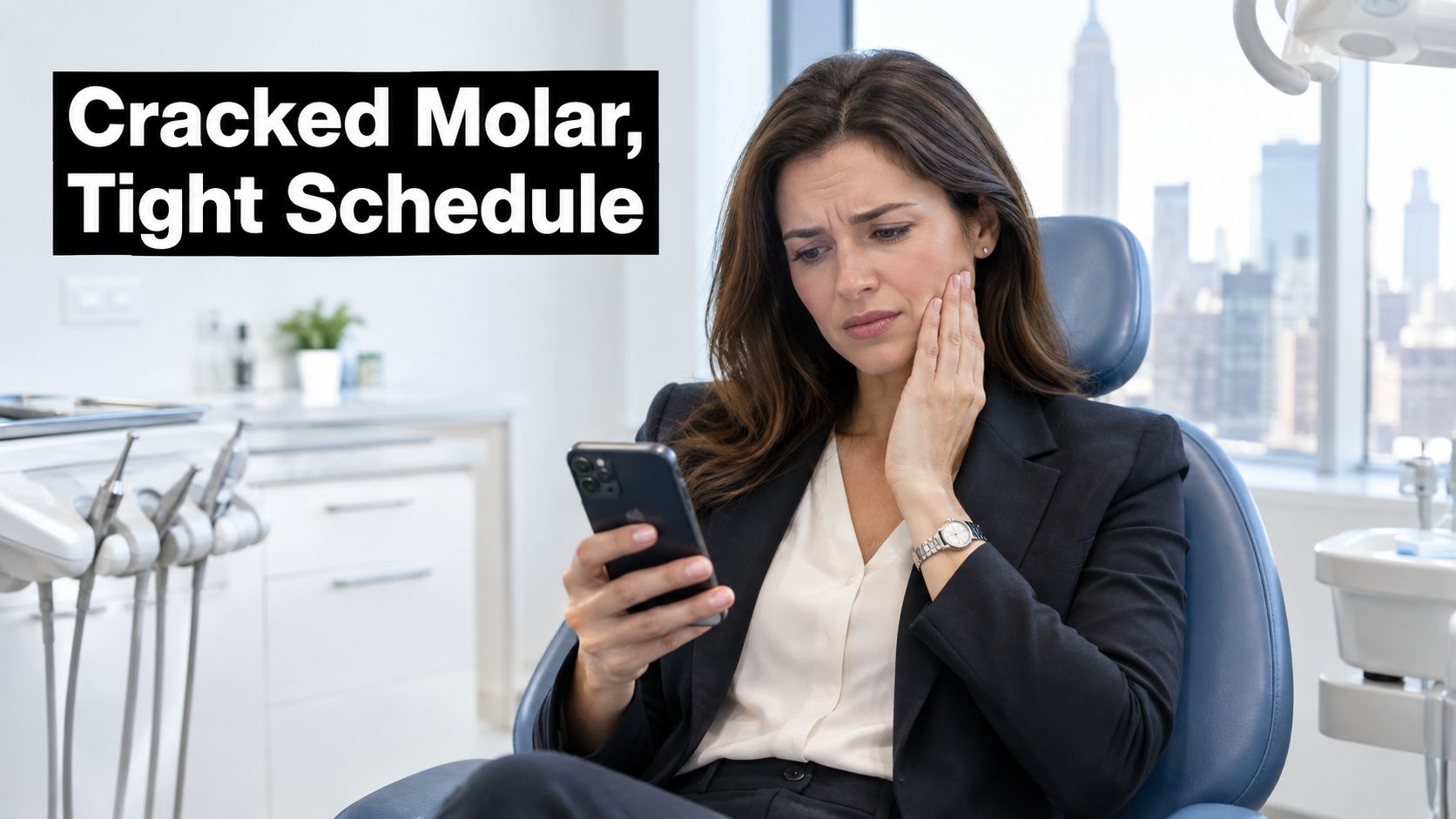 A concerned professional woman in a dental office checking her phone while holding her sore cheek.