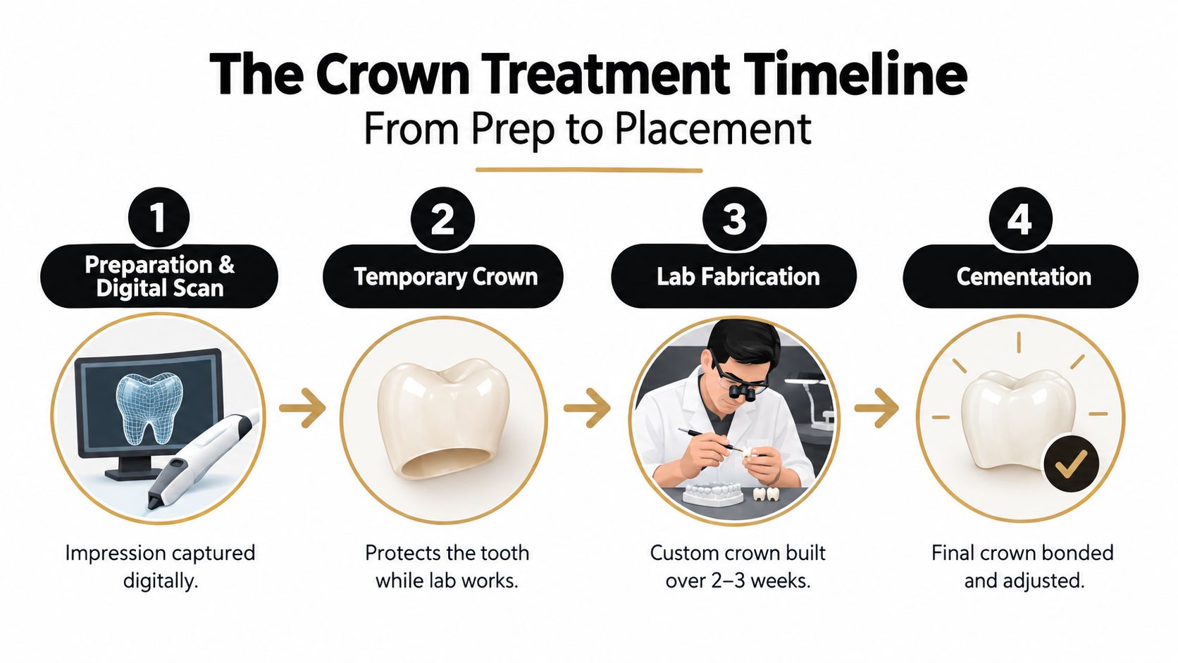 A four-step infographic illustrating the dental crown treatment process from preparation and digital scanning to final cementation.