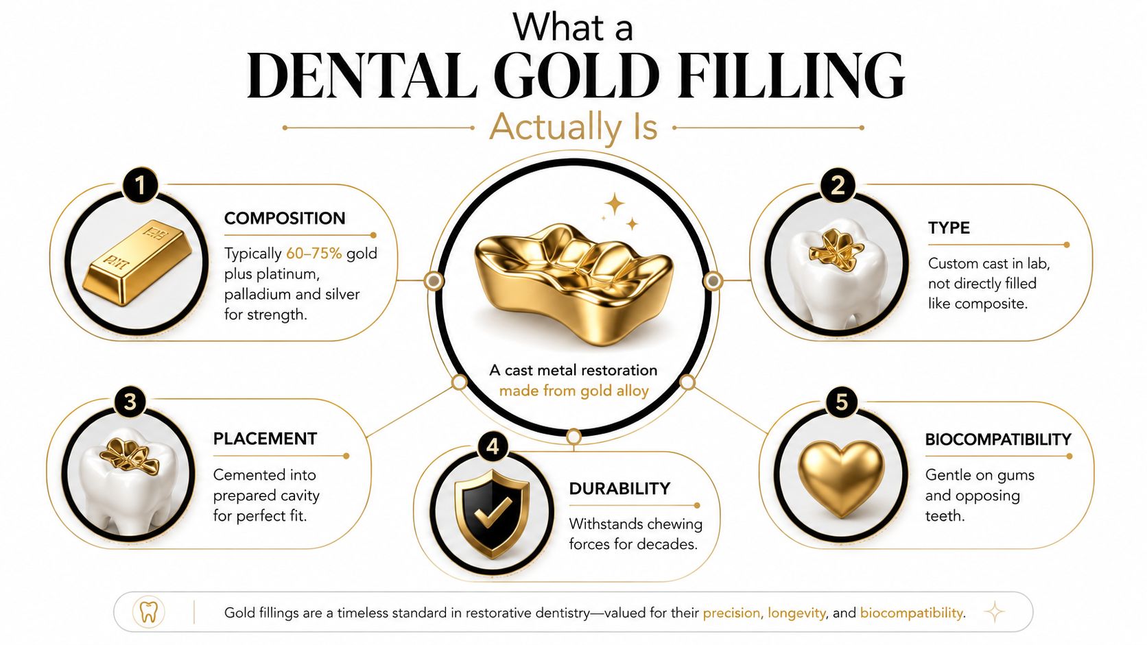 An infographic explaining the benefits and composition of dental gold fillings, highlighting their durability and biocompatibility.