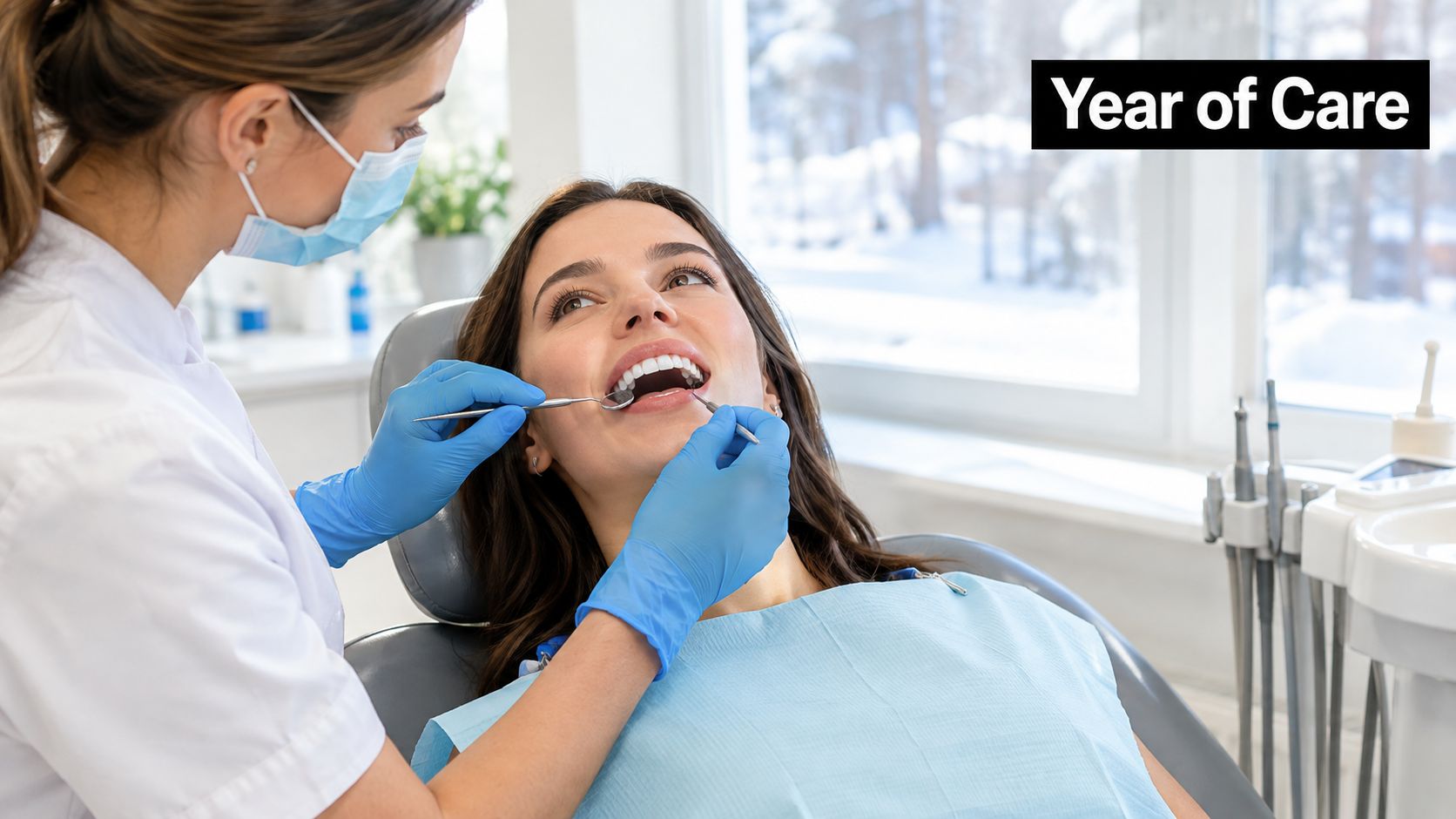 A dentist wearing a mask and blue gloves performing a routine examination on a female patient's teeth.
