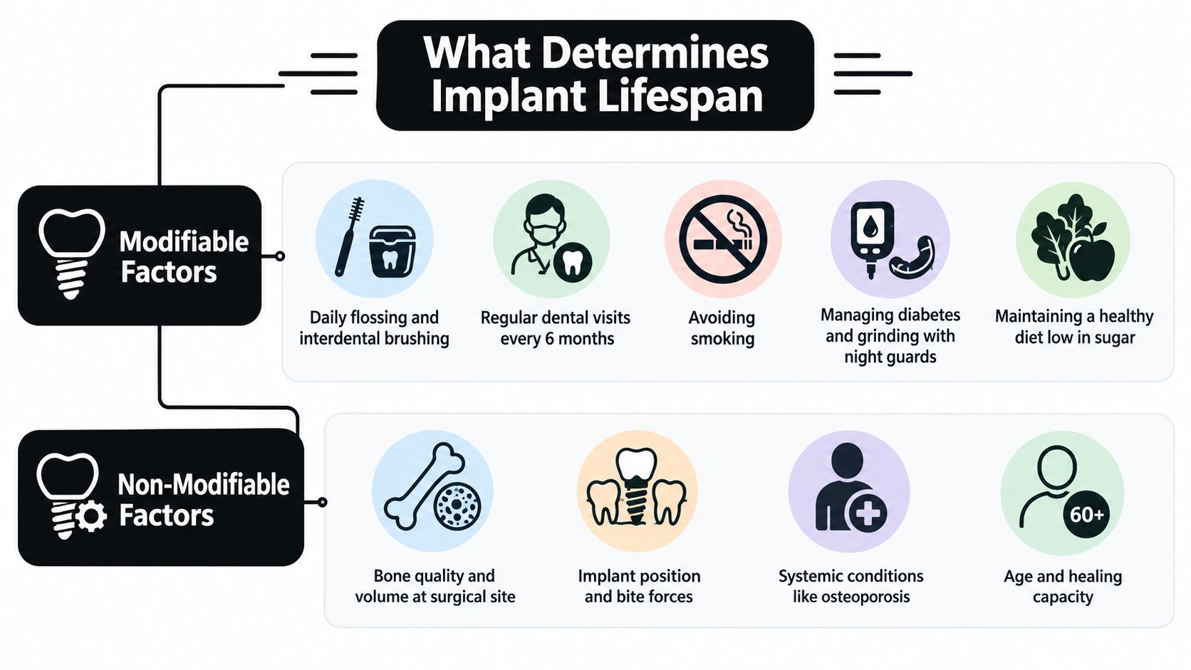 An infographic displaying factors that affect the lifespan of dental implants, categorized into modifiable and non-modifiable factors.