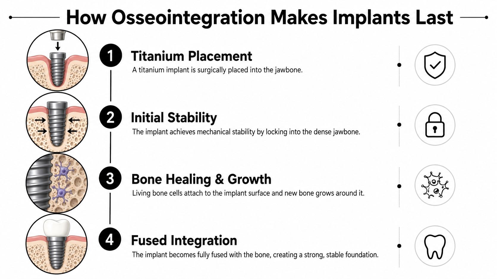 An infographic illustrating the four stages of the dental osseointegration process for long-lasting tooth implants.