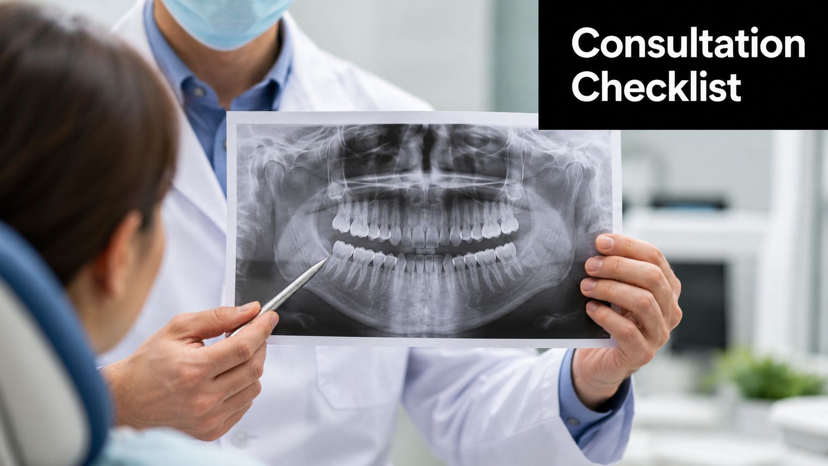 A dentist wearing a mask points to a patient's dental X-ray during a medical consultation.