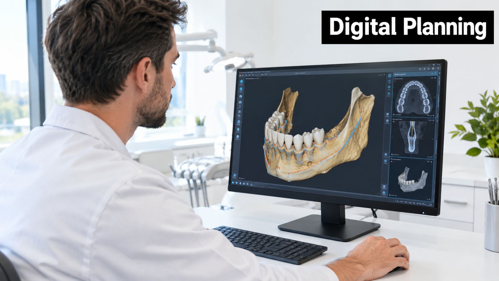 A dentist sitting at a desk reviewing a 3D digital dental implant plan on a computer monitor.