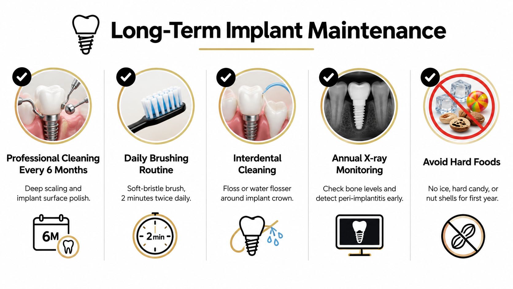 An infographic detailing five key steps for the long-term maintenance of dental implants for improved oral health.
