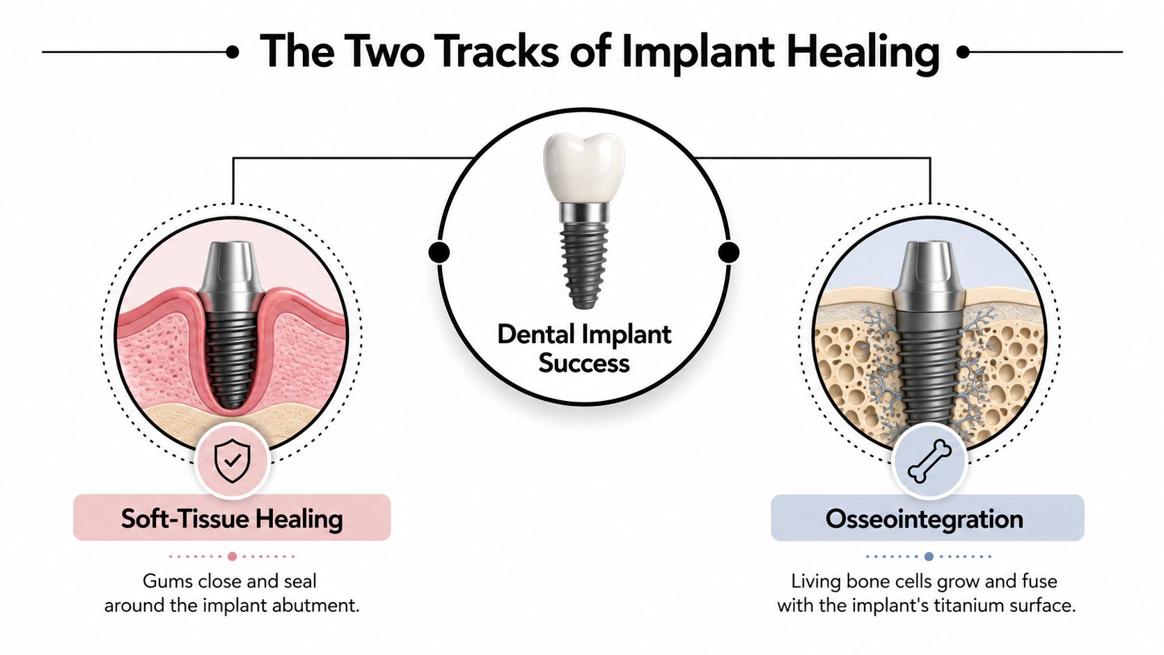 An infographic showing the two tracks of dental implant healing: soft-tissue healing and bone osseointegration.
