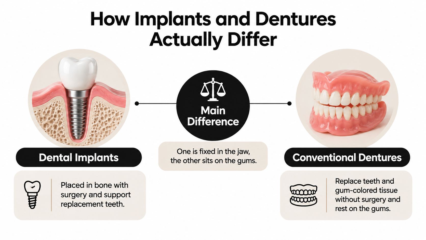 An educational infographic comparing dental implants which are fixed in the jaw versus removable conventional dentures.