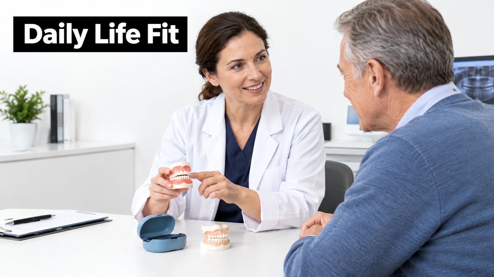 A female dentist smiling while explaining a dental model to an elderly male patient in office.