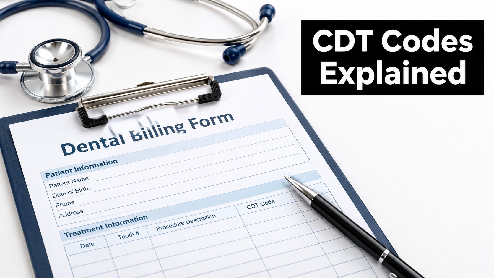 A clipboard with a dental billing form, a stethoscope, and a pen on a white surface.