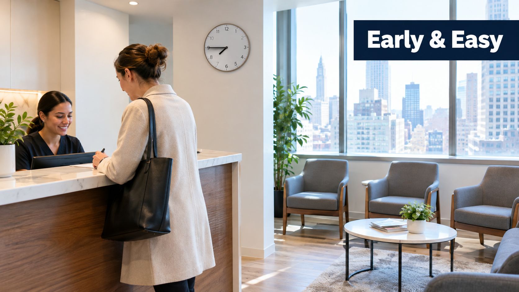 A smiling dental receptionist assists a patient with paperwork at a modern office reception desk.