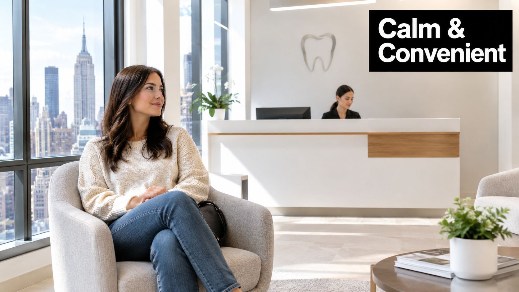 A woman sits in a comfortable modern dental office waiting room with city views and staff nearby.