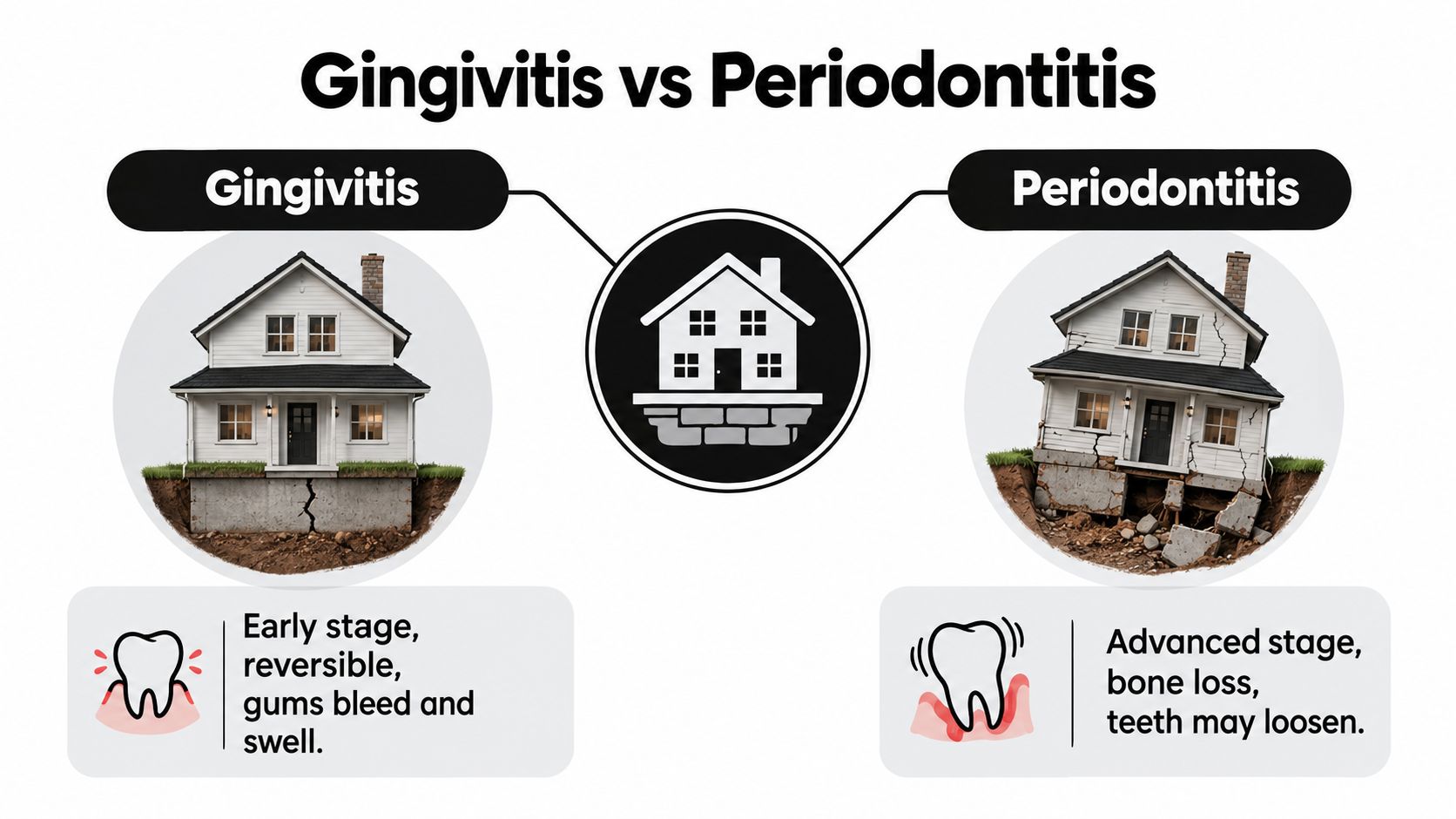 A comparison illustration between gingivitis showing mild gum inflammation and periodontitis showing advanced bone loss and tooth damage.