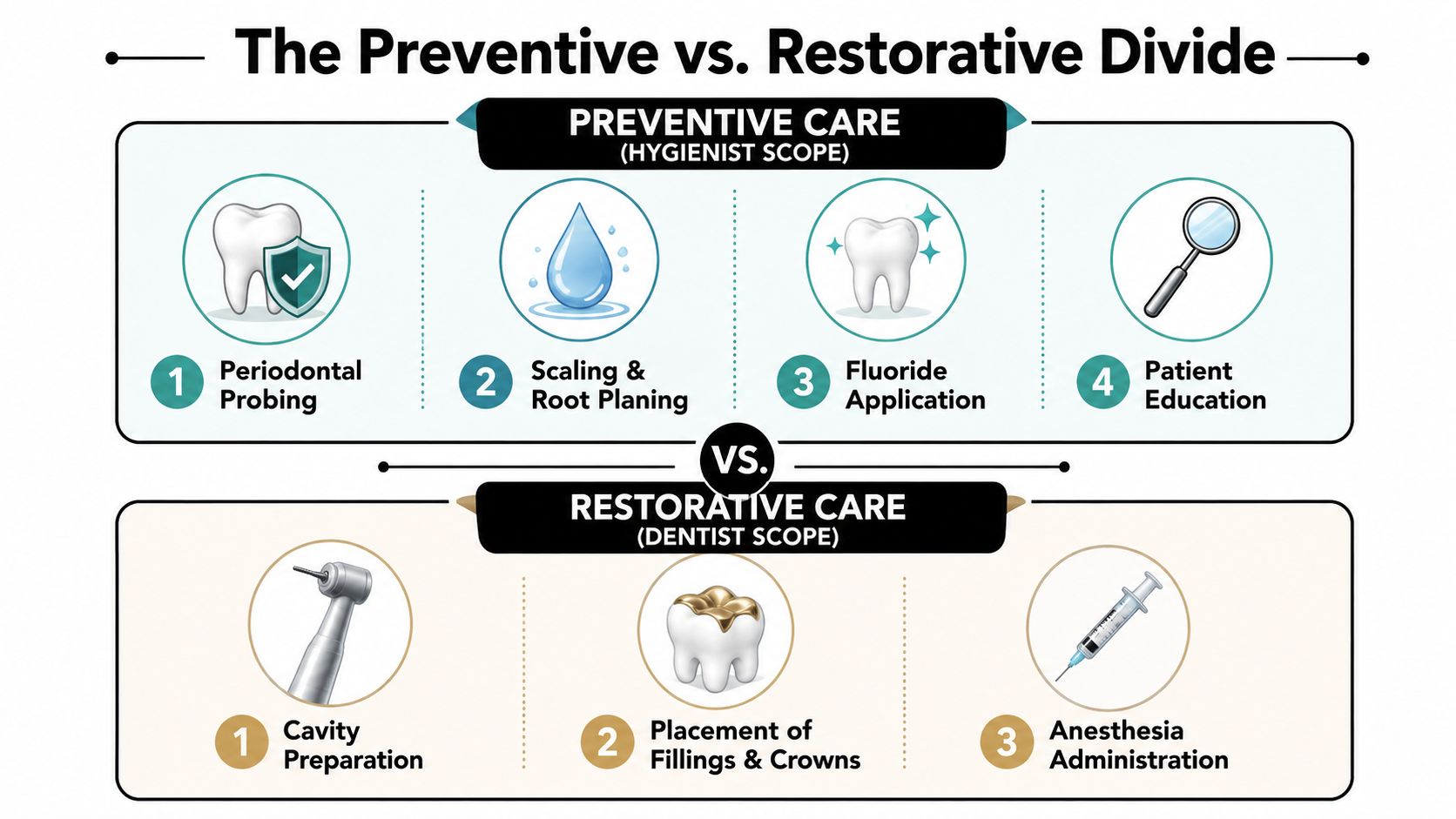 An infographic showing the divide between preventive dental care by hygienists and restorative care by dentists.
