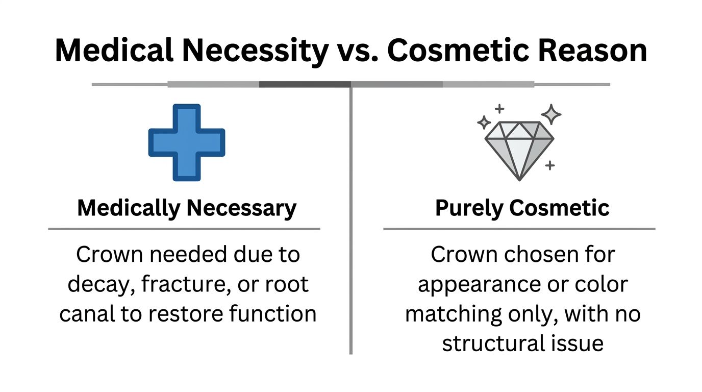 A comparison chart showing the difference between dental crowns that are medically necessary versus purely cosmetic reasons.