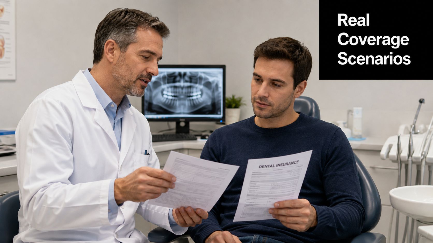 A dentist explains dental insurance coverage details to a patient during a consultation in his clinic.