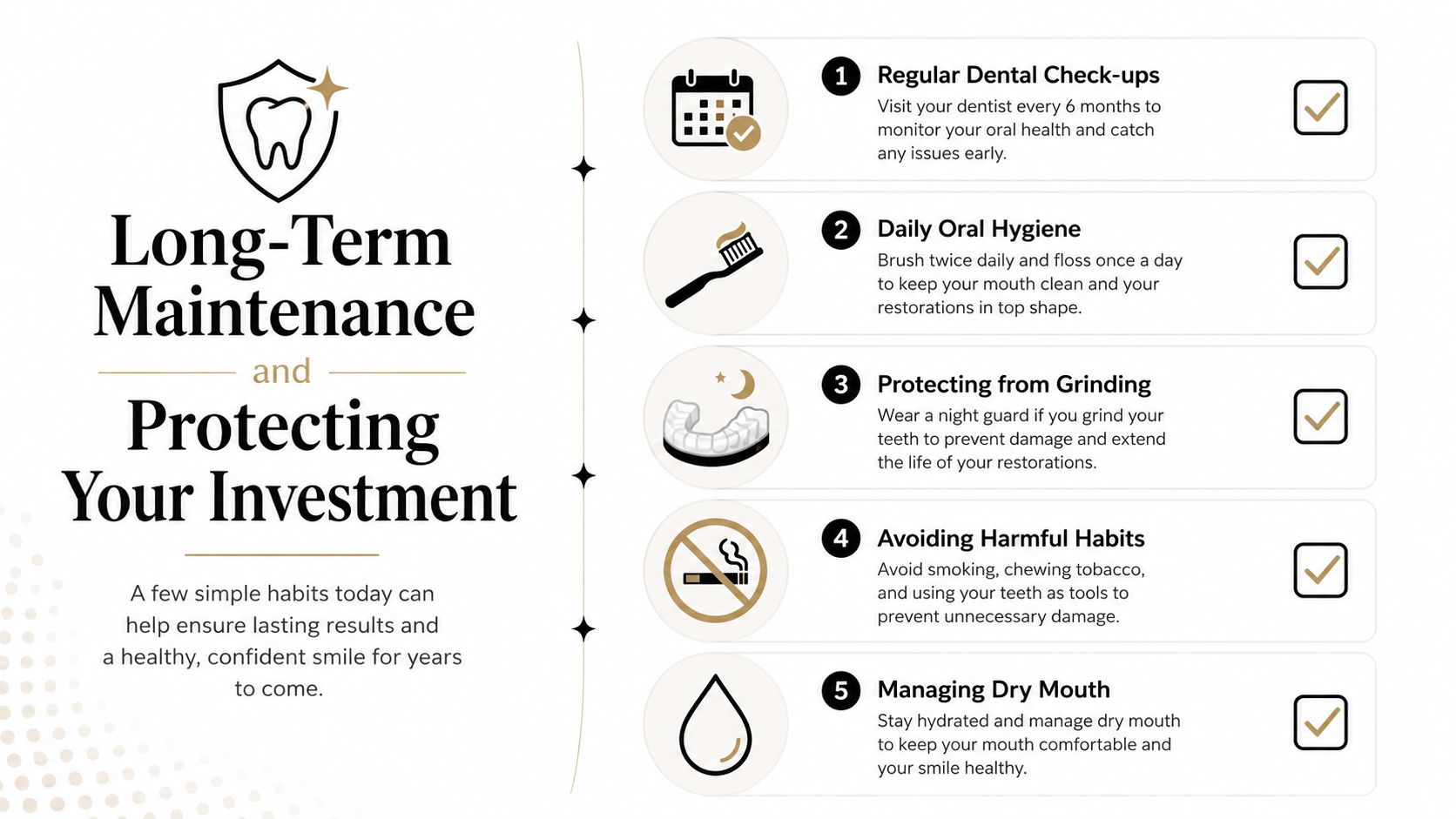 An infographic titled Long-Term Maintenance and Protecting Your Investment with five essential tips for dental health.