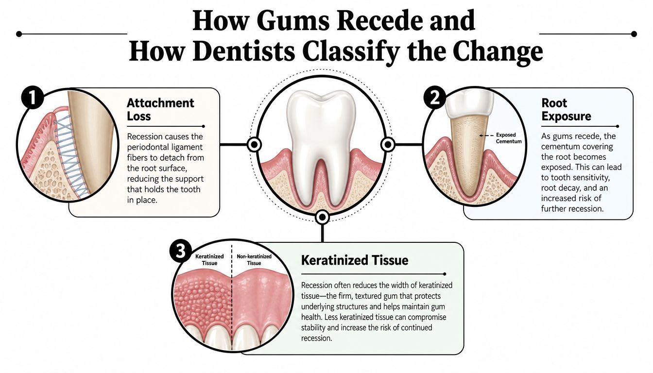 A dental infographic illustrating the three main effects of gum recession: attachment loss, root exposure, and tissue changes.