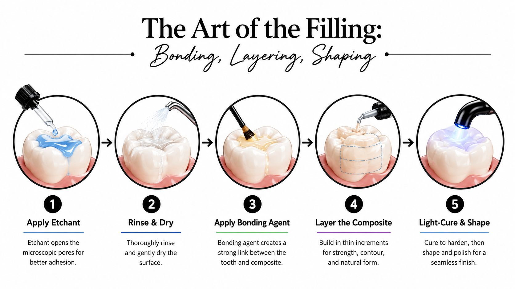 A five-step infographic showing the professional dental procedure for applying a composite resin tooth filling.