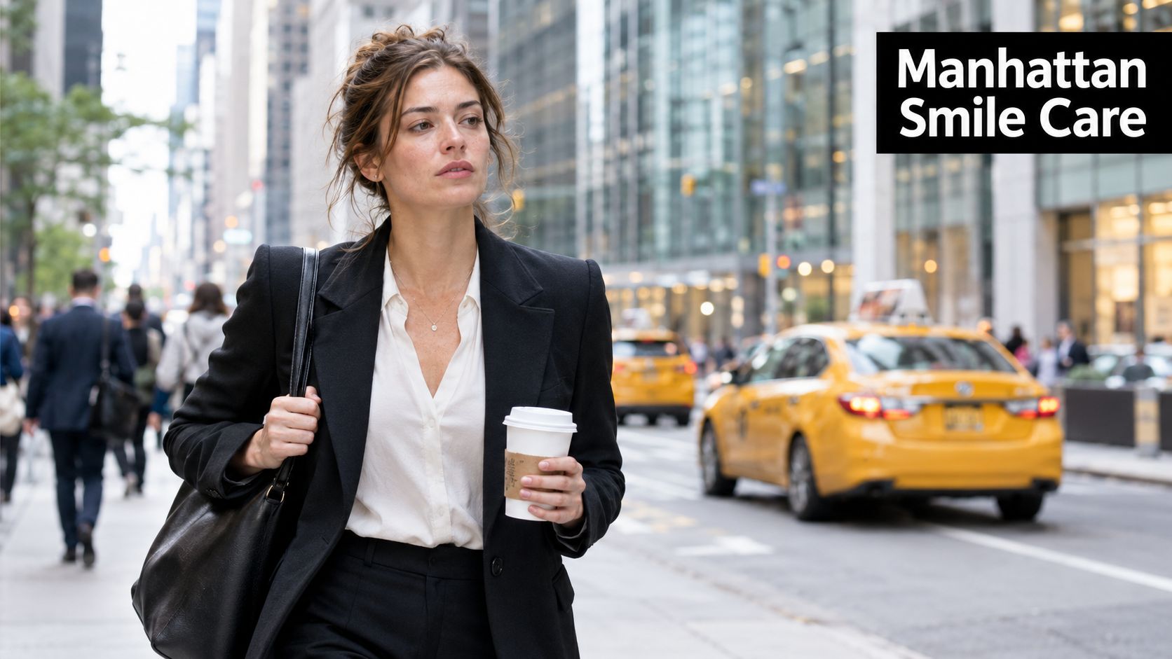 A professional woman in a black blazer and white shirt walking on a busy city street in Manhattan.
