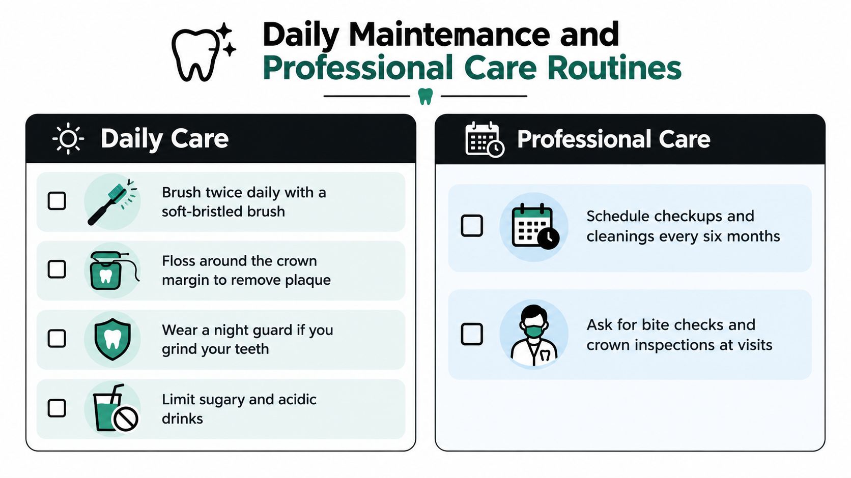 An infographic detailing daily home maintenance and professional dental care routines for dental crown longevity.