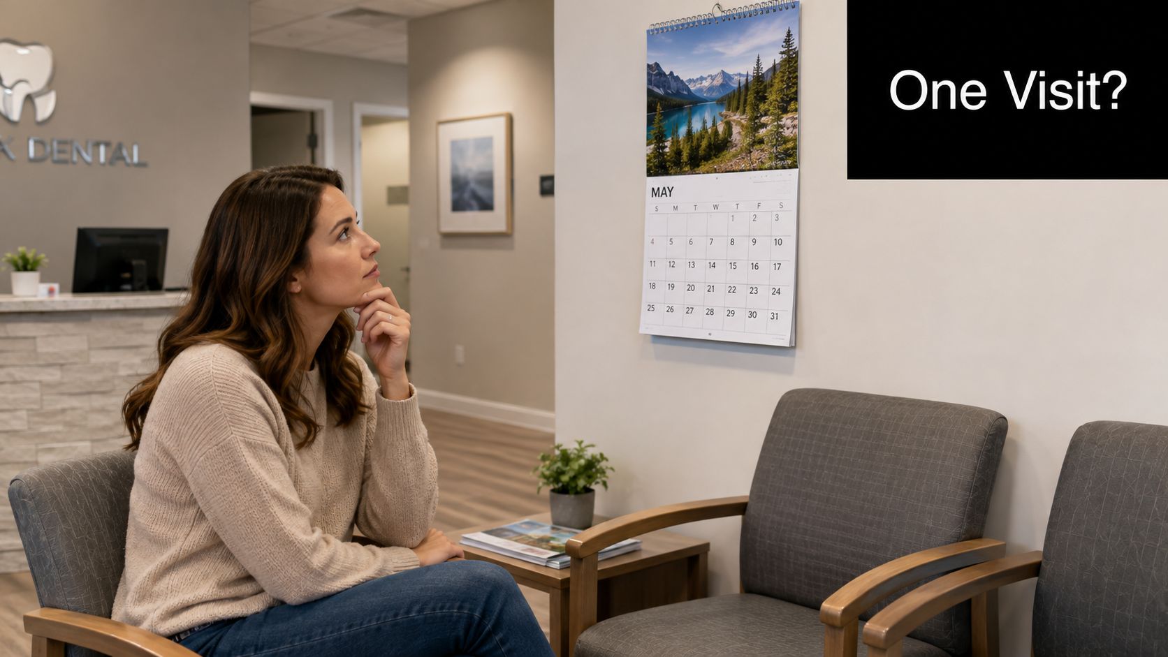 A woman sits in a dental office waiting area looking thoughtfully at a calendar on the wall.