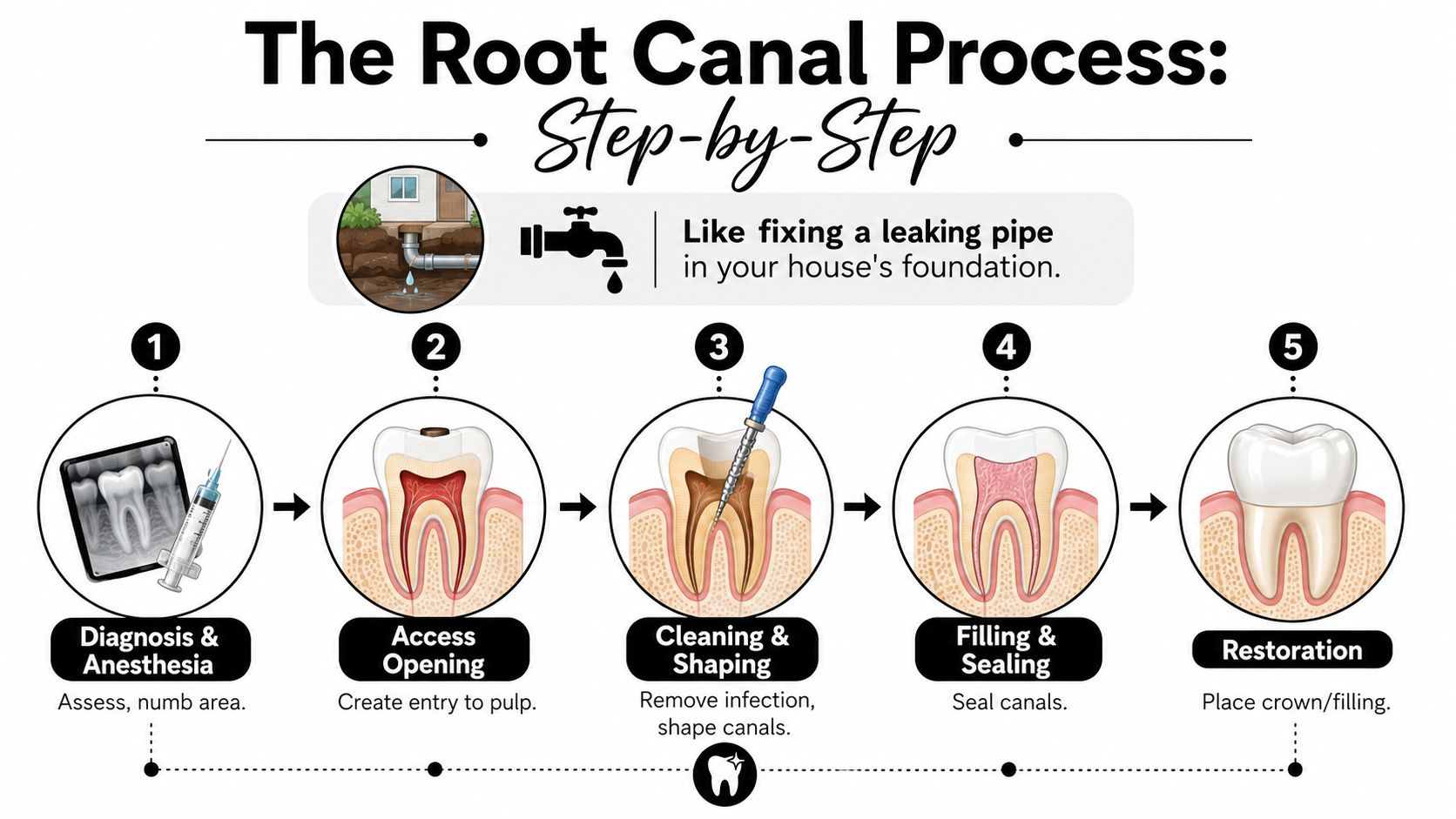 An infographic showing the five-step process of a root canal procedure from diagnosis to final restoration.