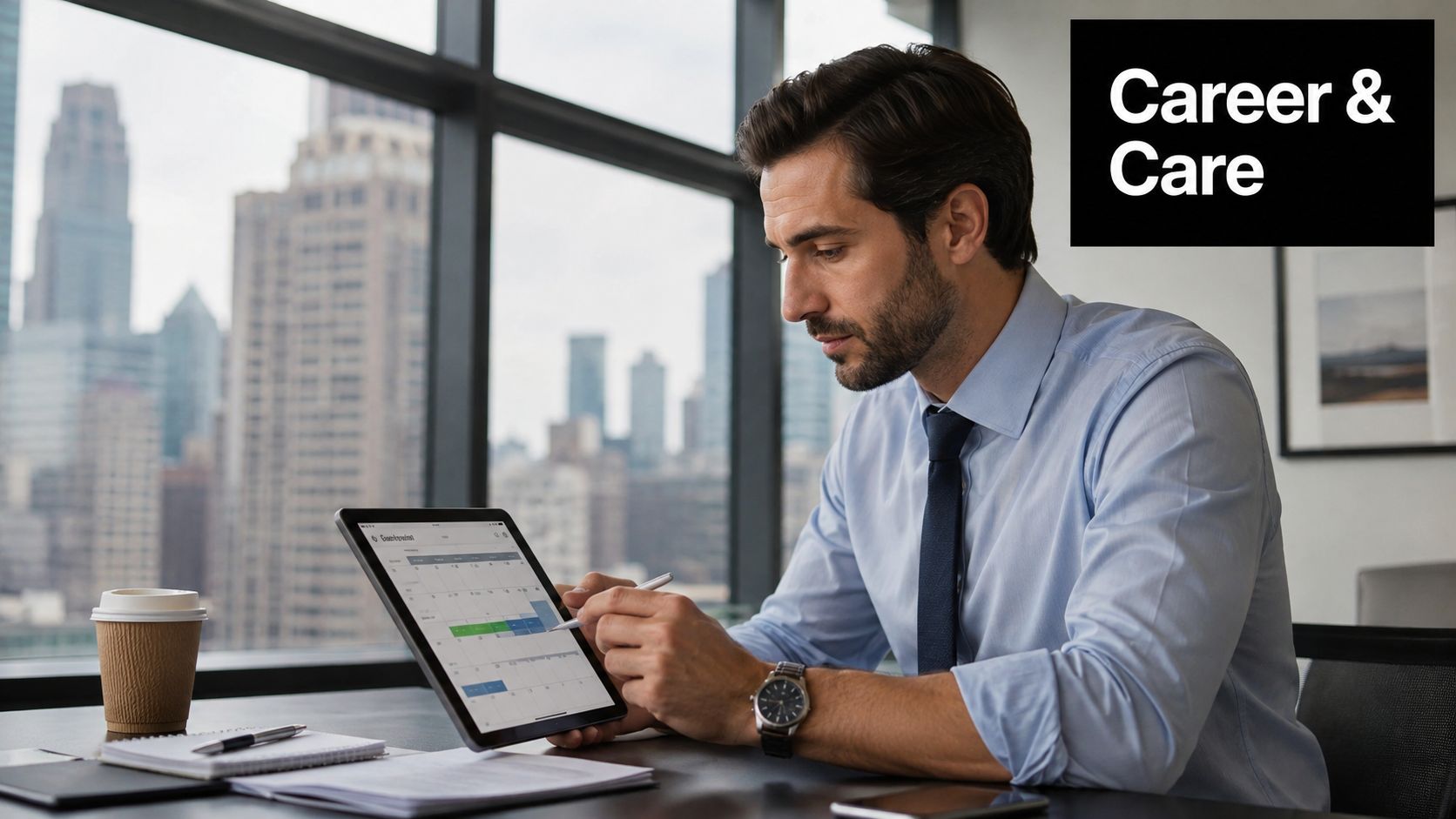 A professional man sitting in an office using a stylus on his tablet to review his schedule.