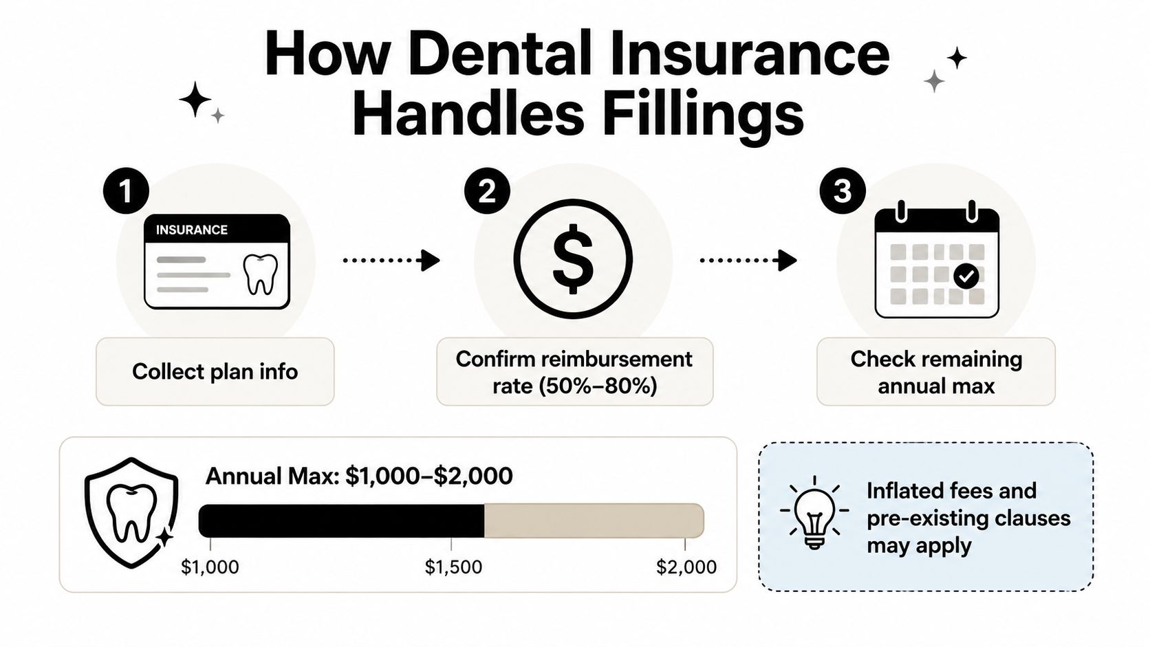 A simplified three-step infographic showing how dental insurance processes fillings, including reimbursement rates and annual maximums.