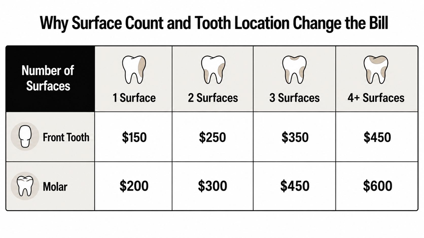 A price chart showing how dental filling costs vary based on tooth type and surface count.