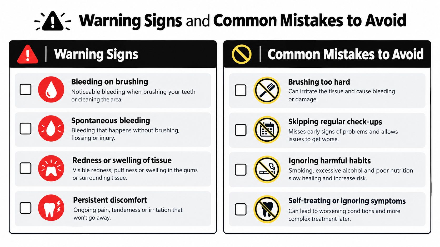 An infographic titled Warning Signs and Common Mistakes to Avoid, listing dental health symptoms and bad habits.