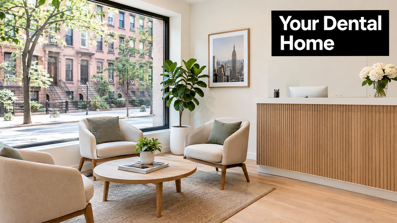 A bright, modern dental office reception area featuring comfortable chairs, a coffee table, and a wooden front desk.