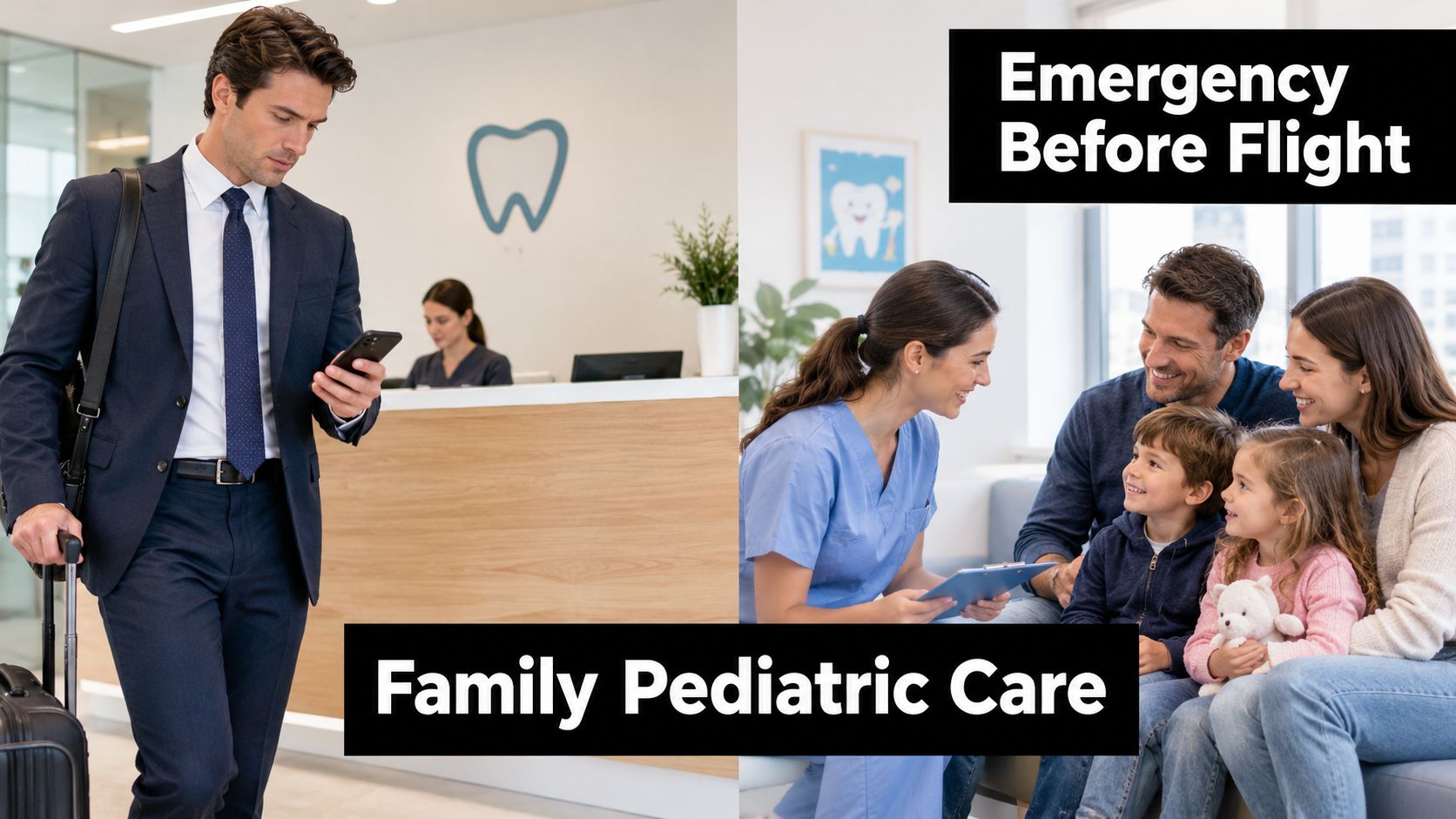 Split screen image showing a businessman at a dental clinic and a family receiving pediatric dental care.