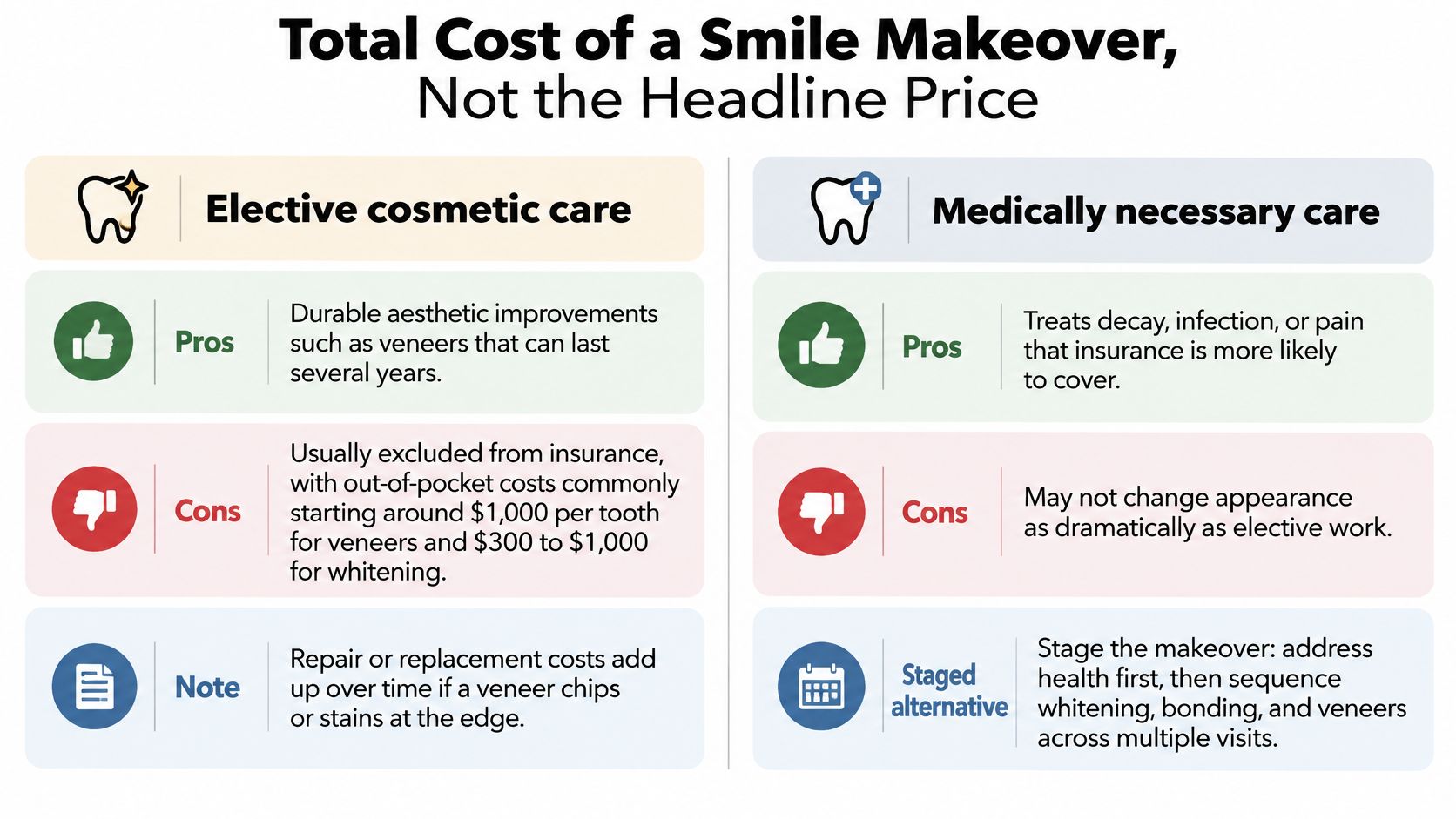 A comparison chart outlining the pros, cons, and considerations for elective cosmetic dental care versus medically necessary treatment.