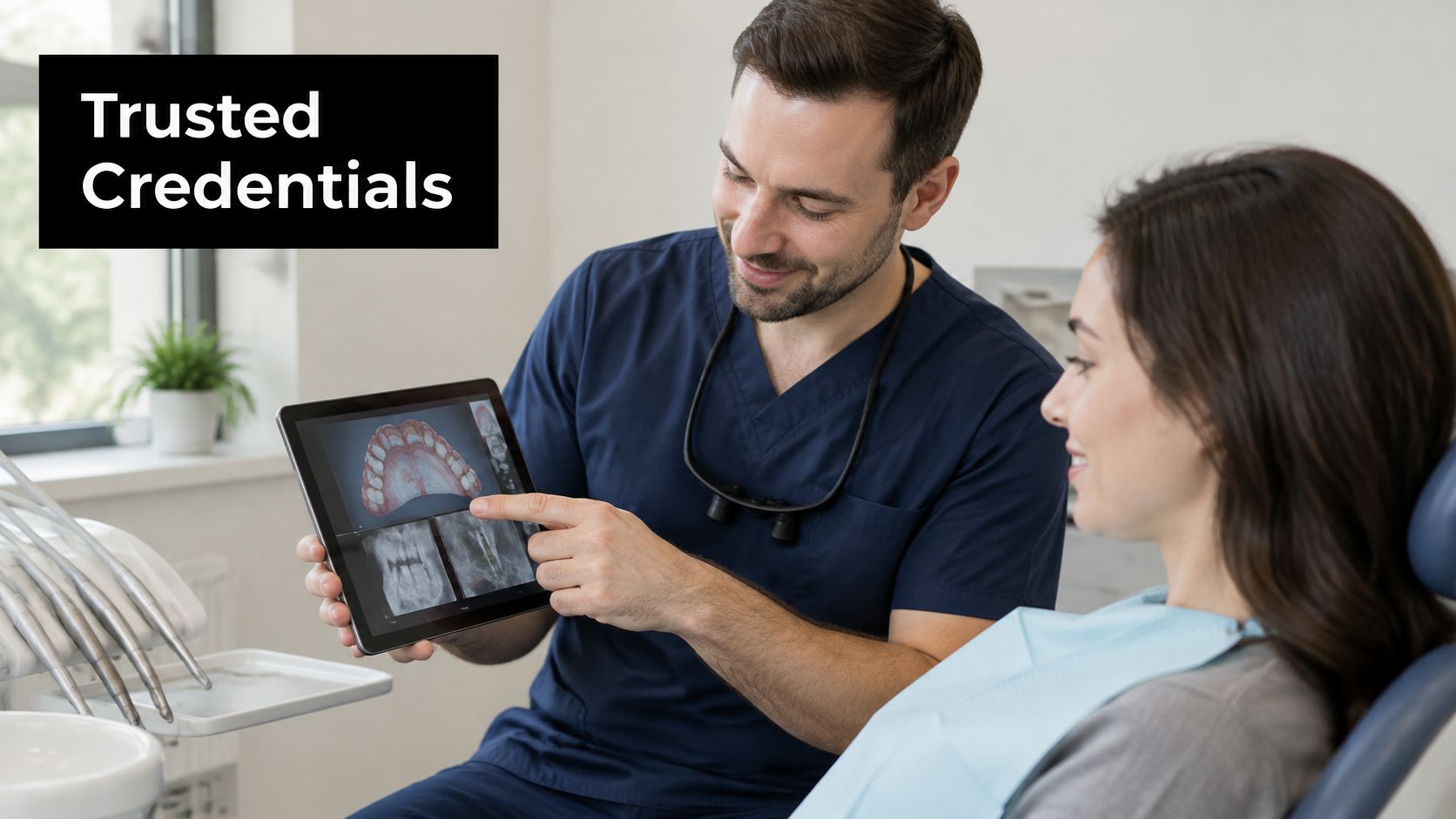 A professional dentist showing a digital dental X-ray on a tablet to a female patient during consultation.