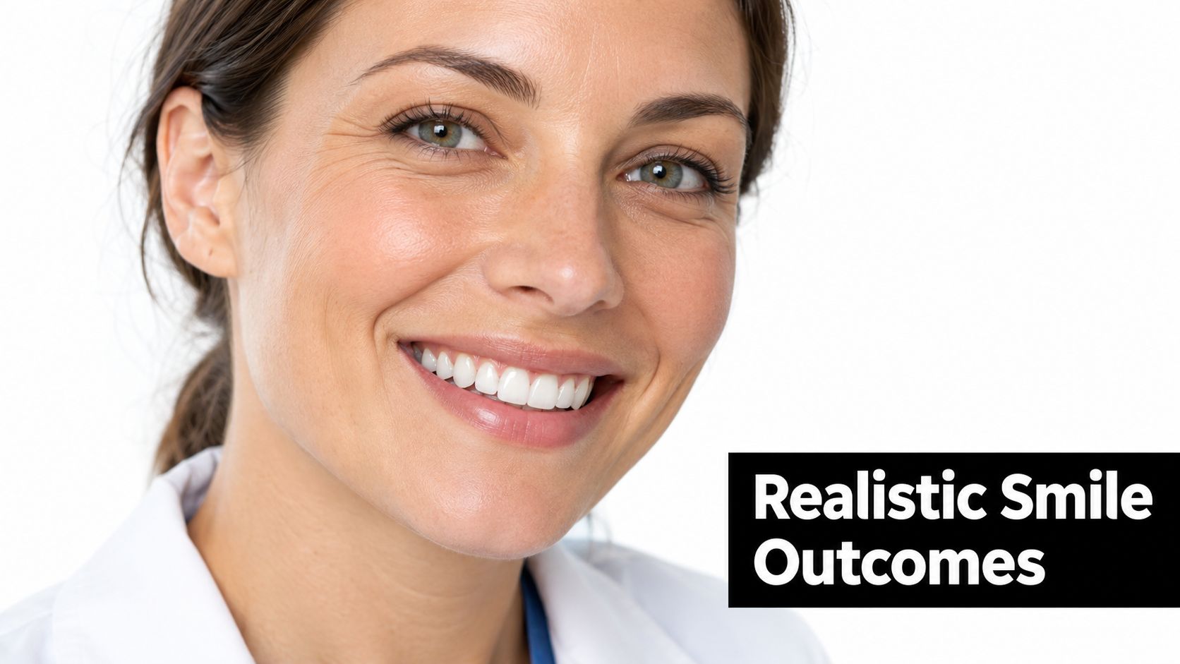 A close-up portrait of a professional female dentist smiling warmly in her clinical attire.
