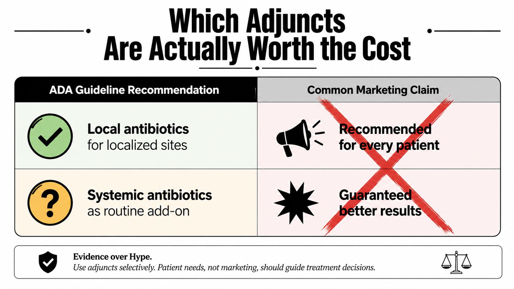 A comparison chart showing ADA recommendations for dental adjuncts versus common marketing claims, emphasizing evidence-based decision making.