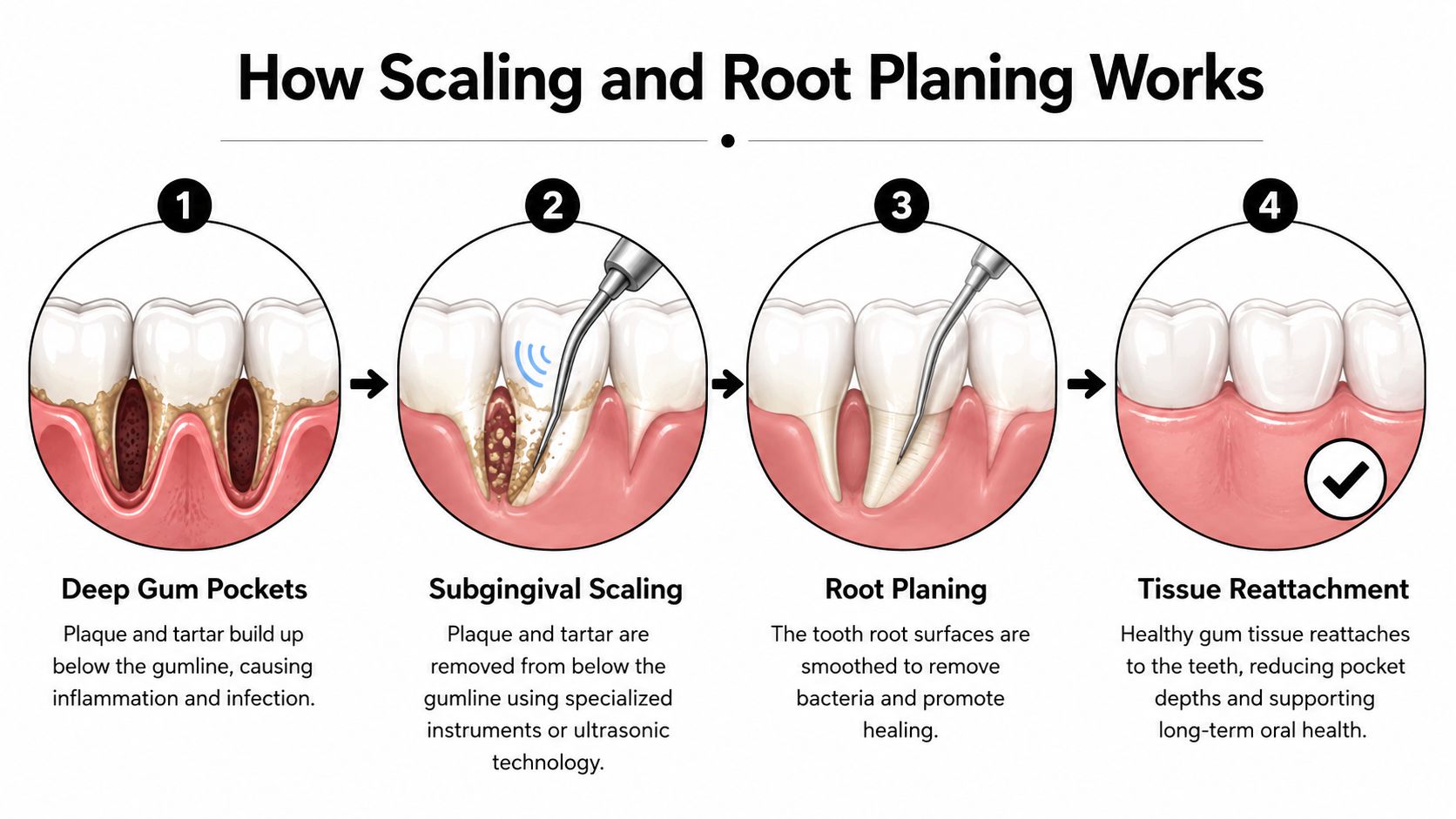 A four-step illustration showing the process of nonsurgical scaling and root planing for treating gum disease.
